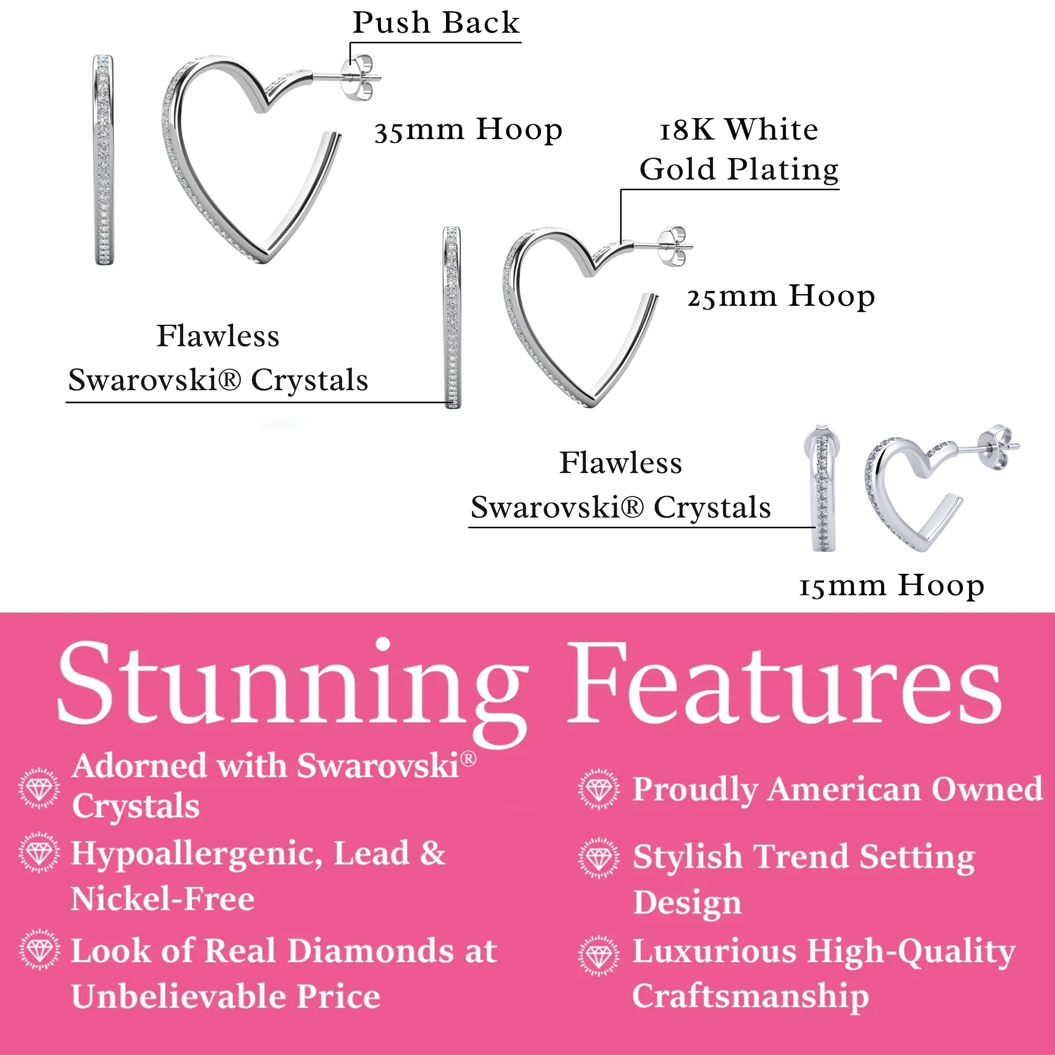 Sylvia 18k White Gold Plated 25mm Heart Hoop Earrings with Swarovski Crystals