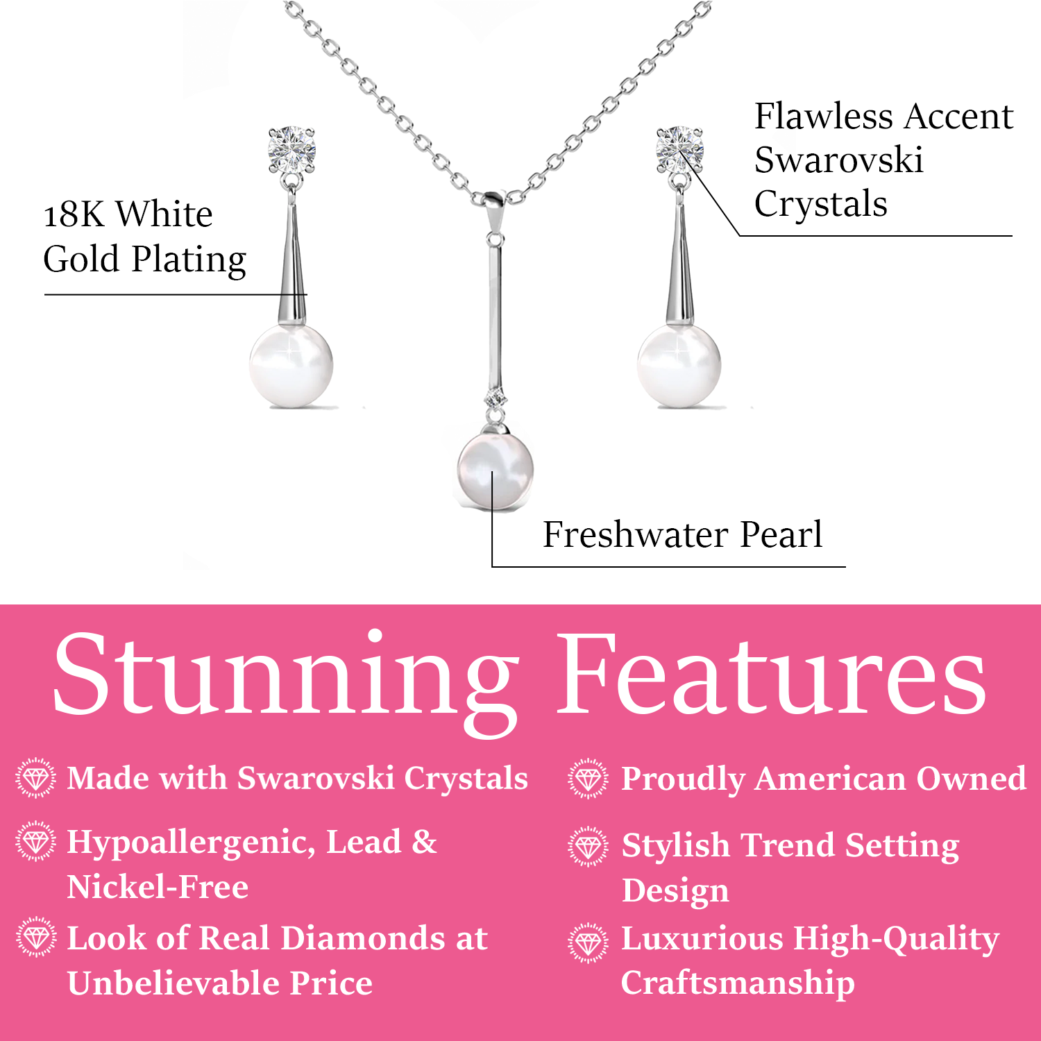 Tatum 18k White Gold Necklace and Drop Dangle Pearl Earrings Jewelry Set with Swarovski Crystals