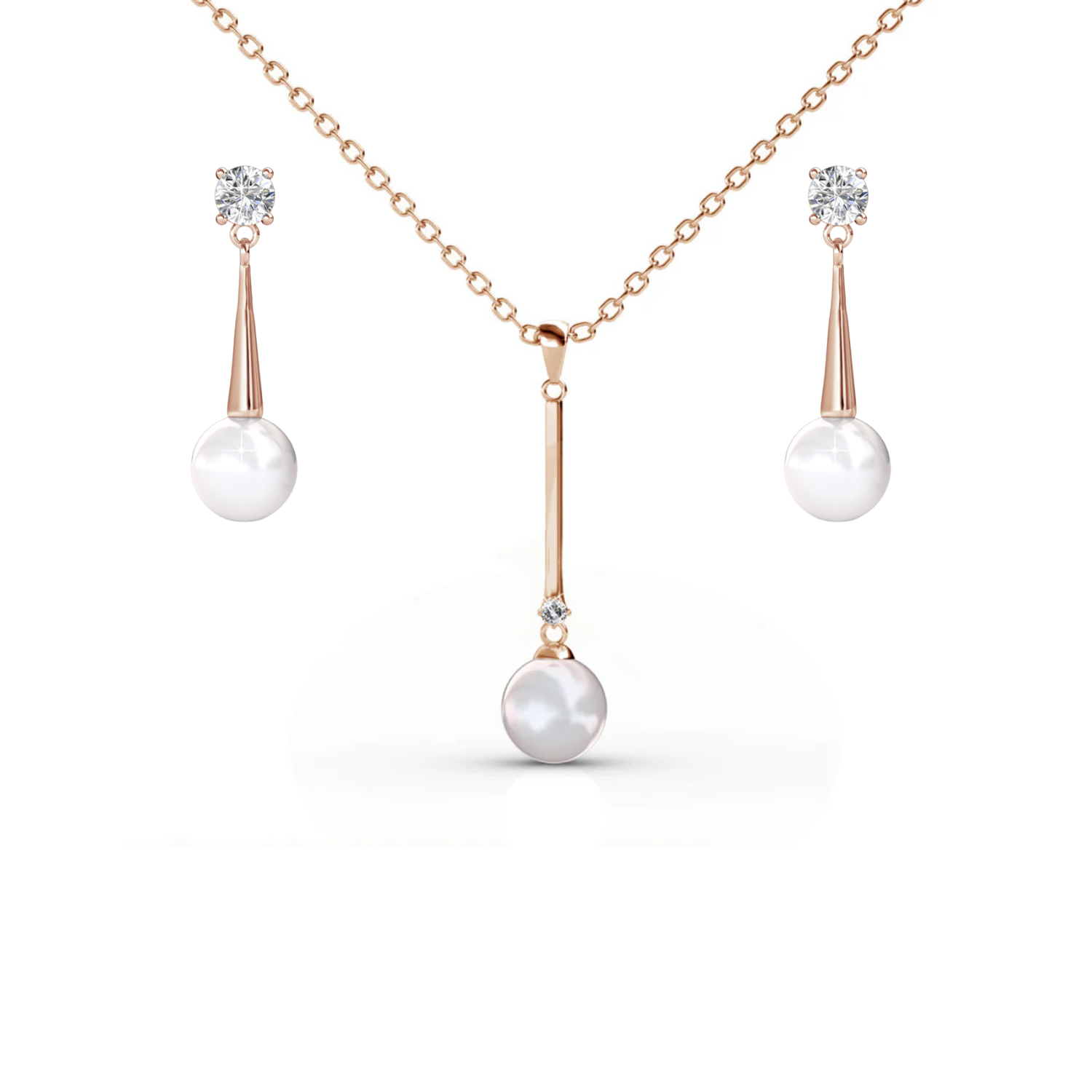 Tatum 18k White Gold Plated Pearl Necklace and Dangle Earrings Jewelry Set with Swarovski Crystals