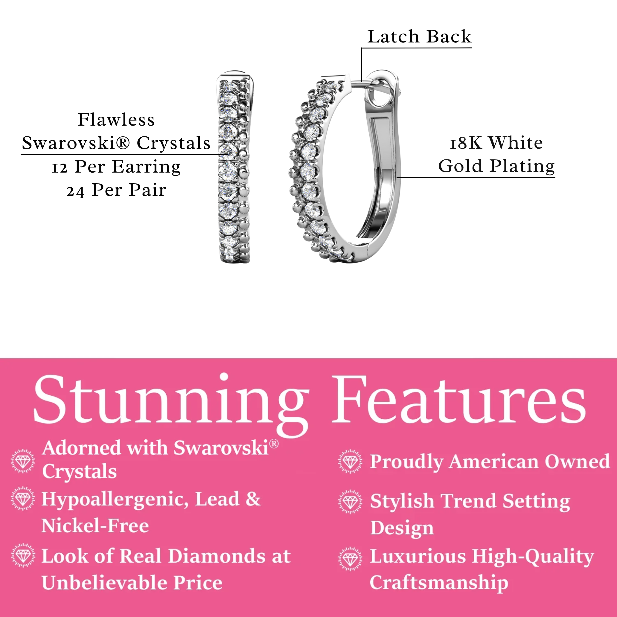 Teagan 18k White Gold Plated 19mm Hoop Earrings with Swarovski Crystals