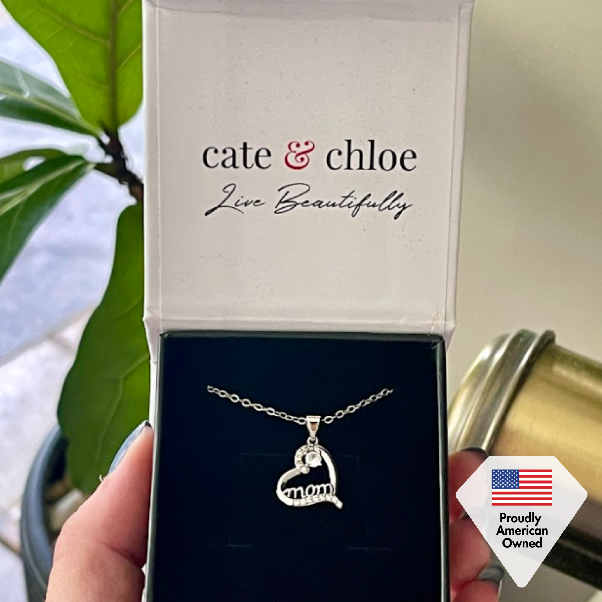 Thelma 18k White Gold Plated Mom Heart Necklace with Simulated Diamond Crystals