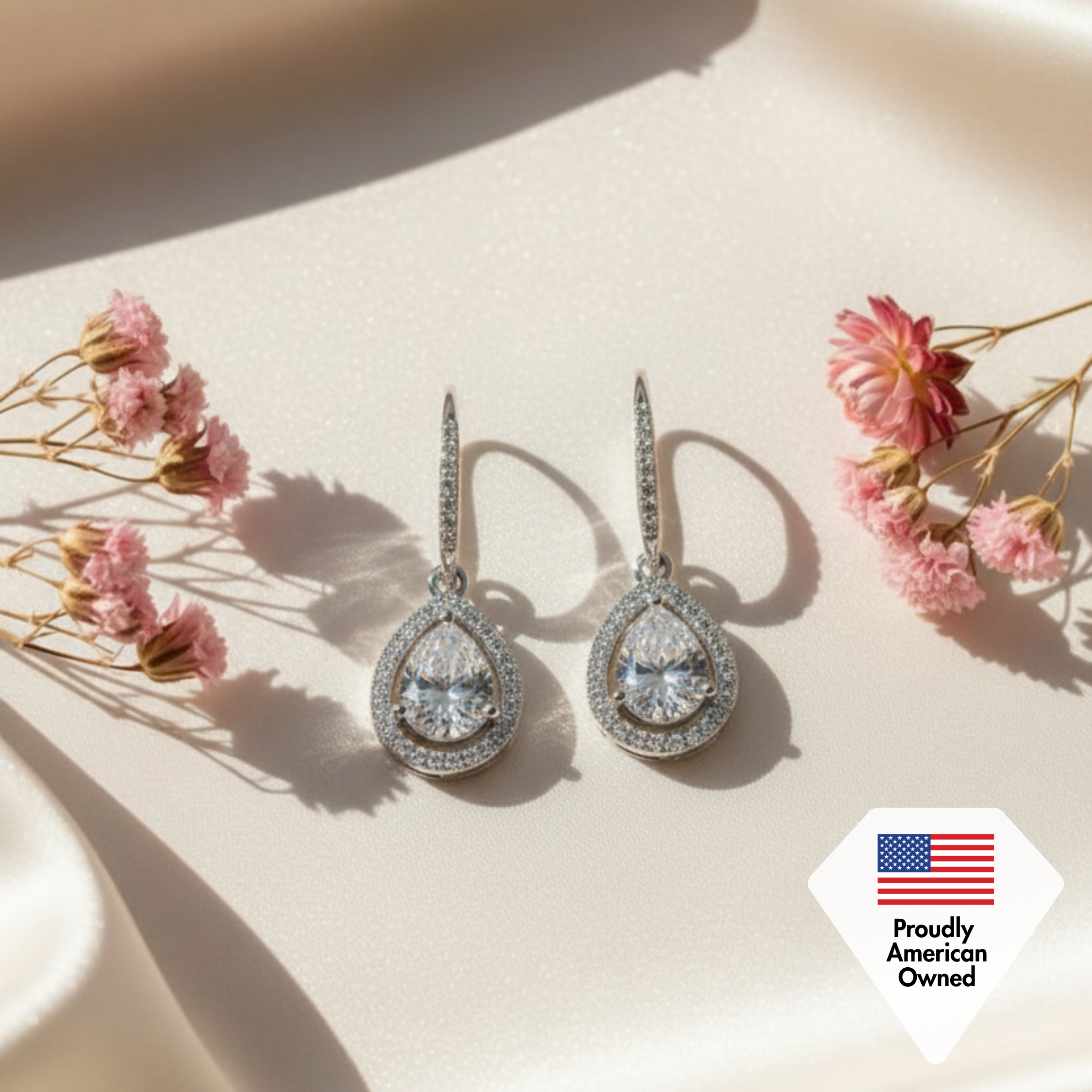 Isabel 18k White Gold Plated Halo Teardrop Earrings with Simulated Diamond Crystals