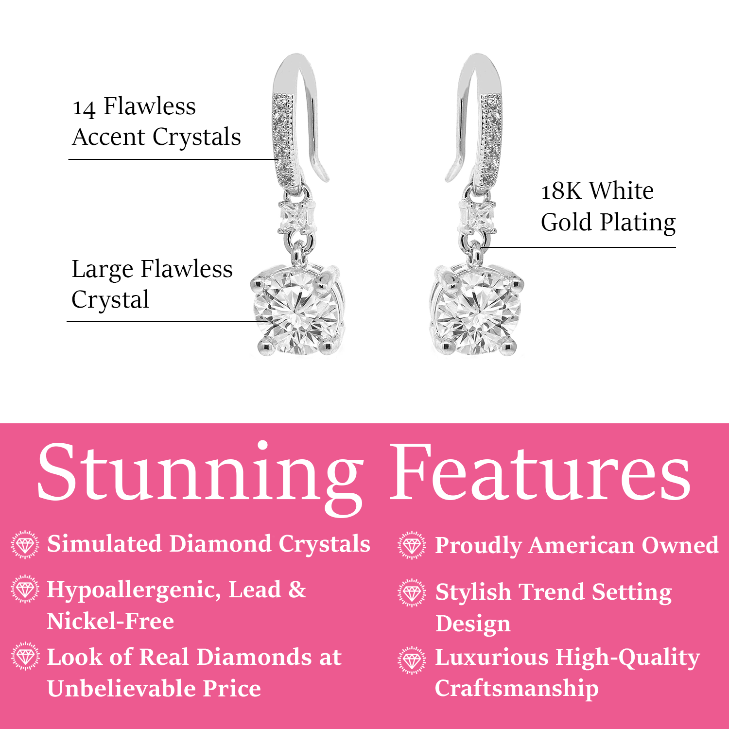 Valerie 18k White Gold Plated Drop Earrings with Simulated Diamond Crystals