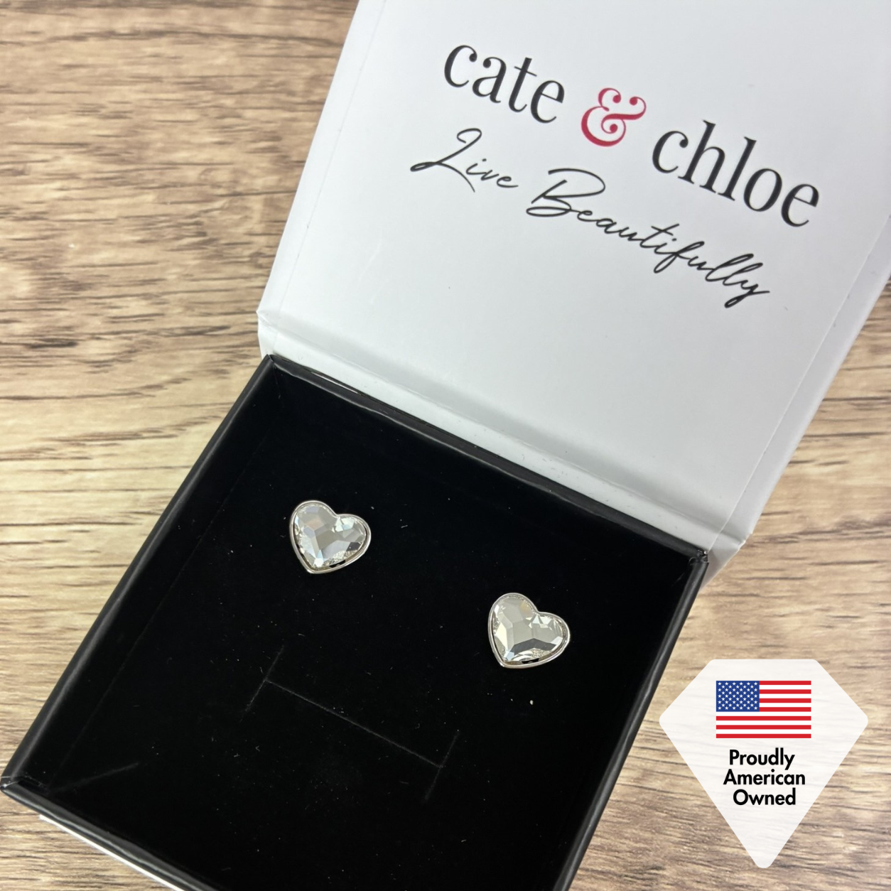 Violet 18k White Gold Plated Heart Stud Earrings with Swarovski Crystals