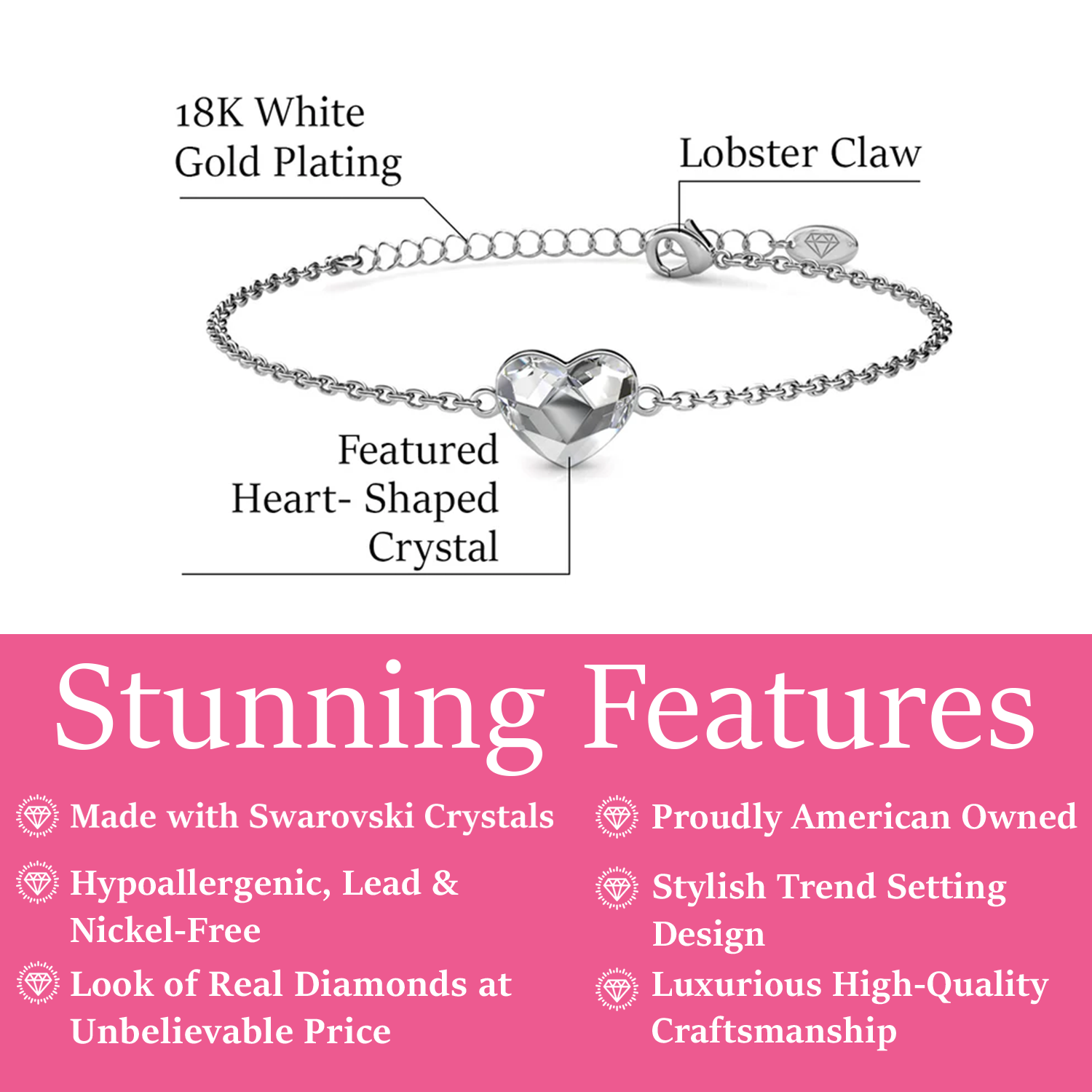 Violet 18k White Gold Plated Heart Bracelet with Swarovski Crystals