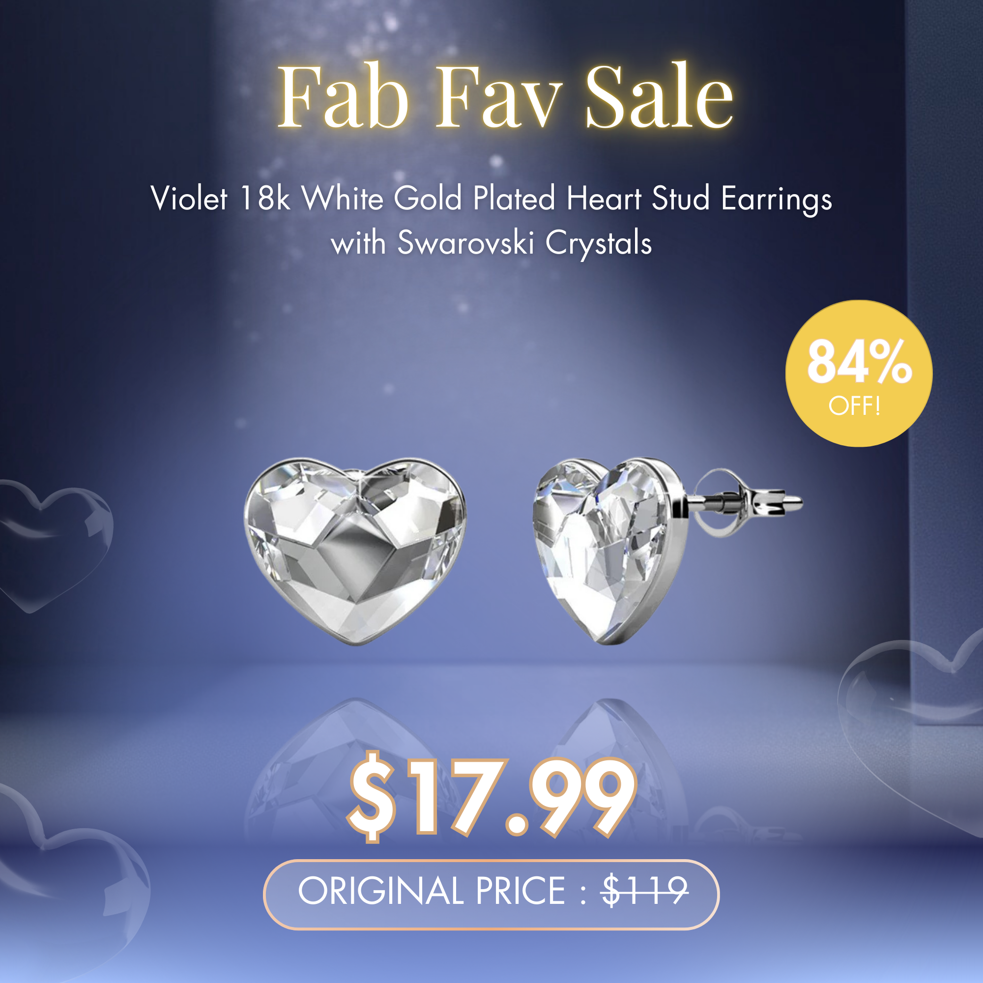 Violet 18k White Gold Plated Heart Stud Earrings with Swarovski Crystals — Fab Fav Sale
