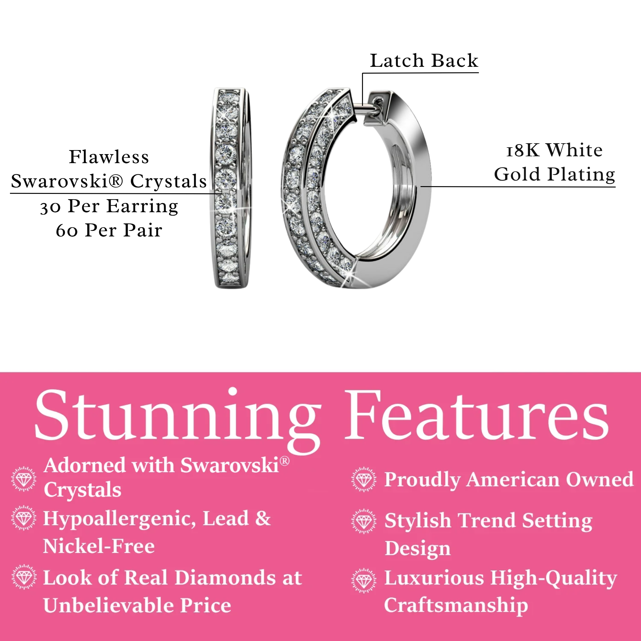 Viviana 18k White Gold Plated 17mm Hoop Earrings with Swarovski Crystals