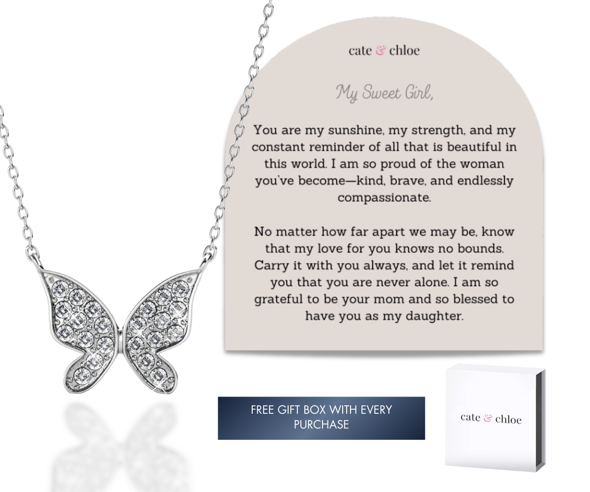 Yuenen 18k White Gold Plated Butterfly Necklace with Swarovski Crystals & Sentimental Message for Daughter