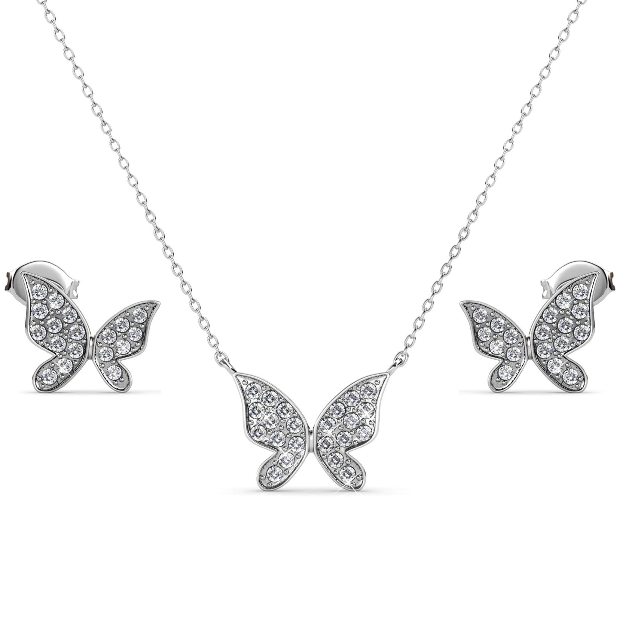 Yuenen 18k White Gold Plated Silver Butterfly Necklace and Earring Set with Swarovski Crystals