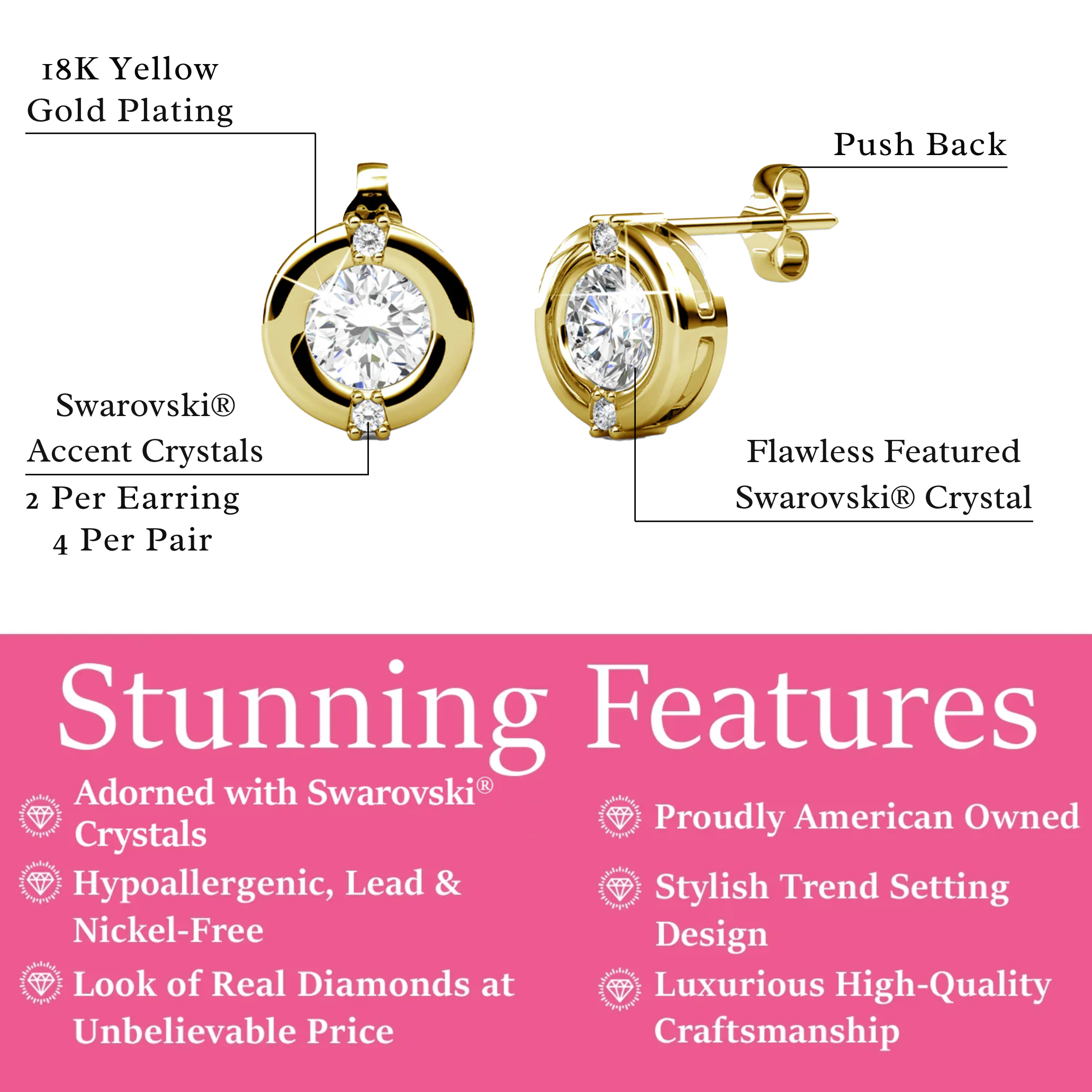 Zara 18k 白金镀金圆形切割水晶耳钉