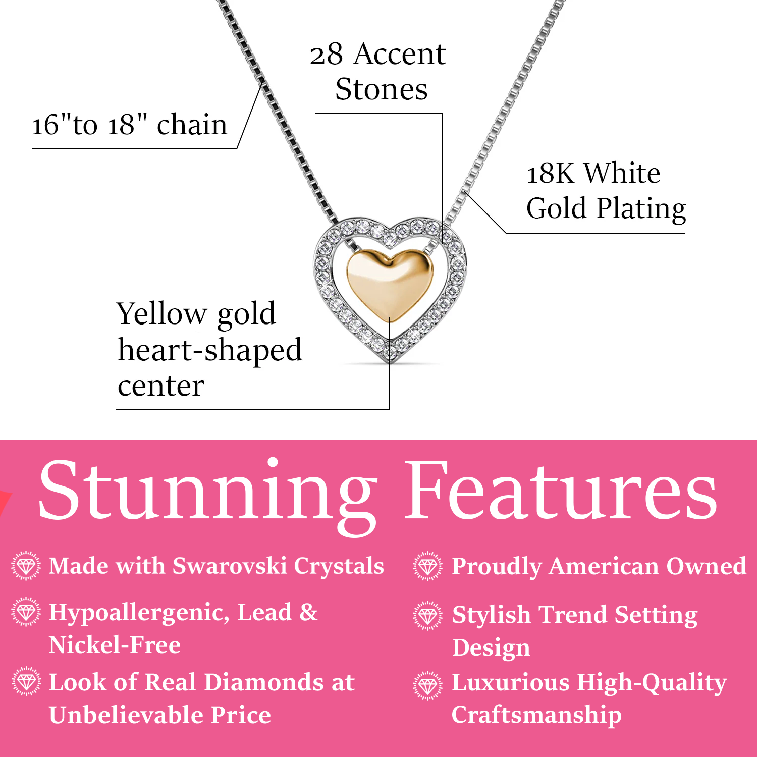 Zendaya 18k White Gold Plated Heart Necklace with Swarovski Crystals