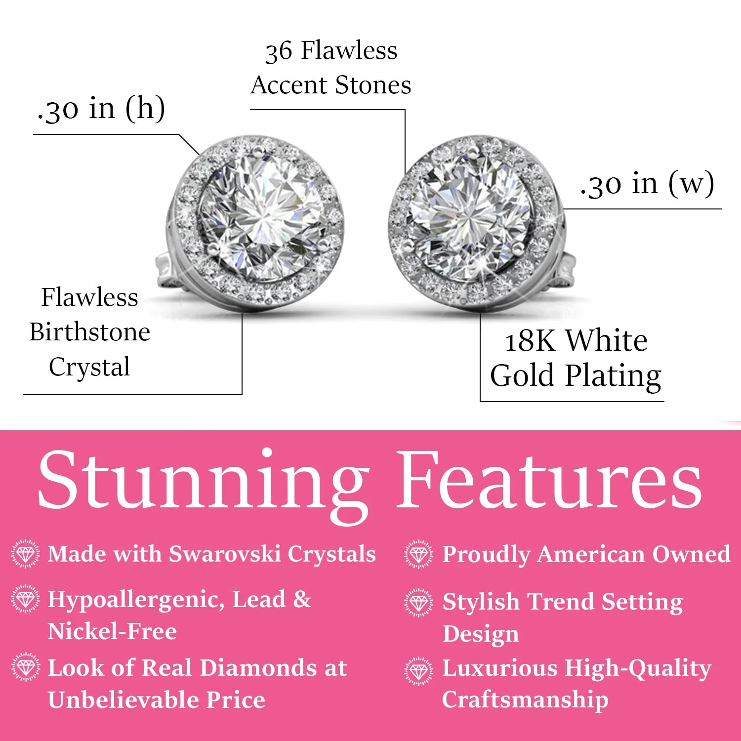 Royal 18k White Gold Plated April Birthstone Halo Earrings with Round Cut Diamond Swarovski Crystals