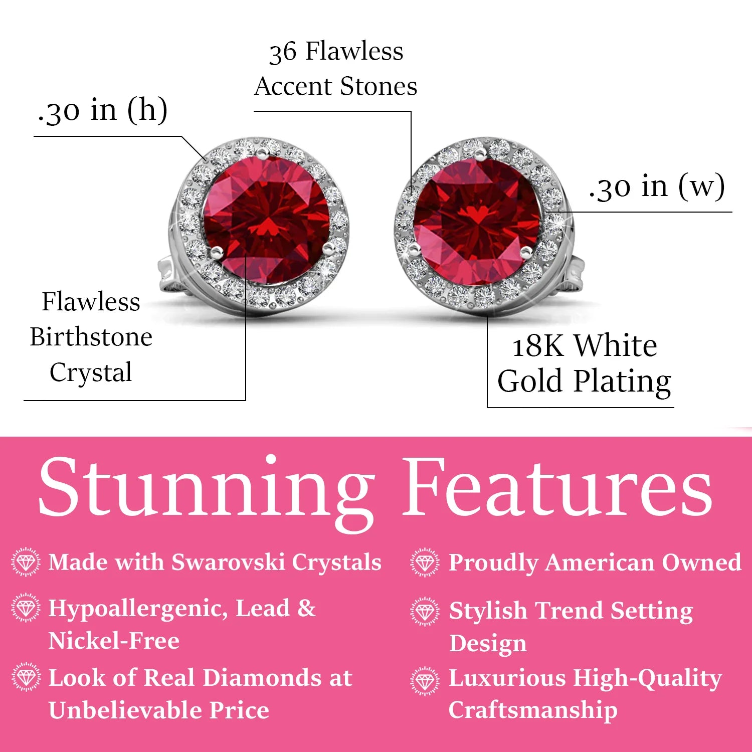 Royal 18k White Gold Plated January Birthstone Halo Earrings with Round Cut Garnet Swarovski Crystals