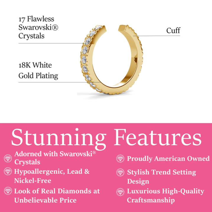 Gloria 18k White Gold Plated 10mm Hoop Ear Cuff with Swarovski Crystals