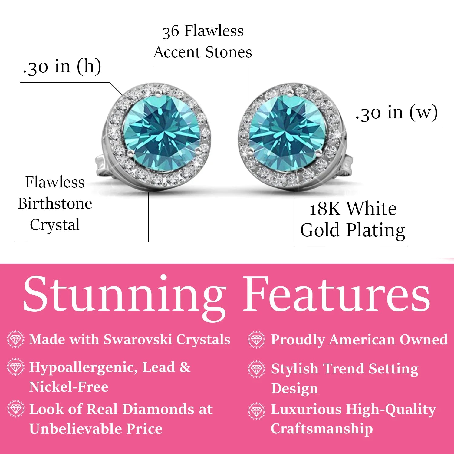 Royal 18k White Gold Plated March Birthstone Halo Earrings with Round Cut Aquamarine Swarovski Crystals