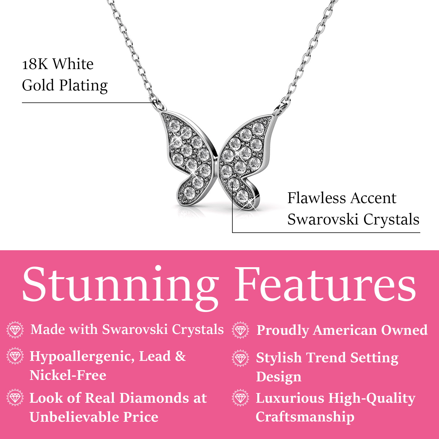 Yuenen 18k White Gold Plated Butterfly Necklace with Swarovski Crystals & Sentimental Message for Daughter