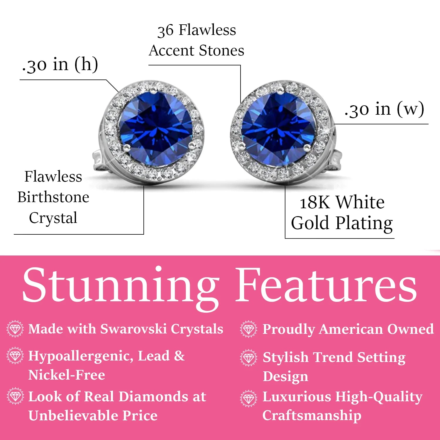 Royal 18k White Gold Plated Birthstone Halo Earrings with Round Cut Swarovski Crystals