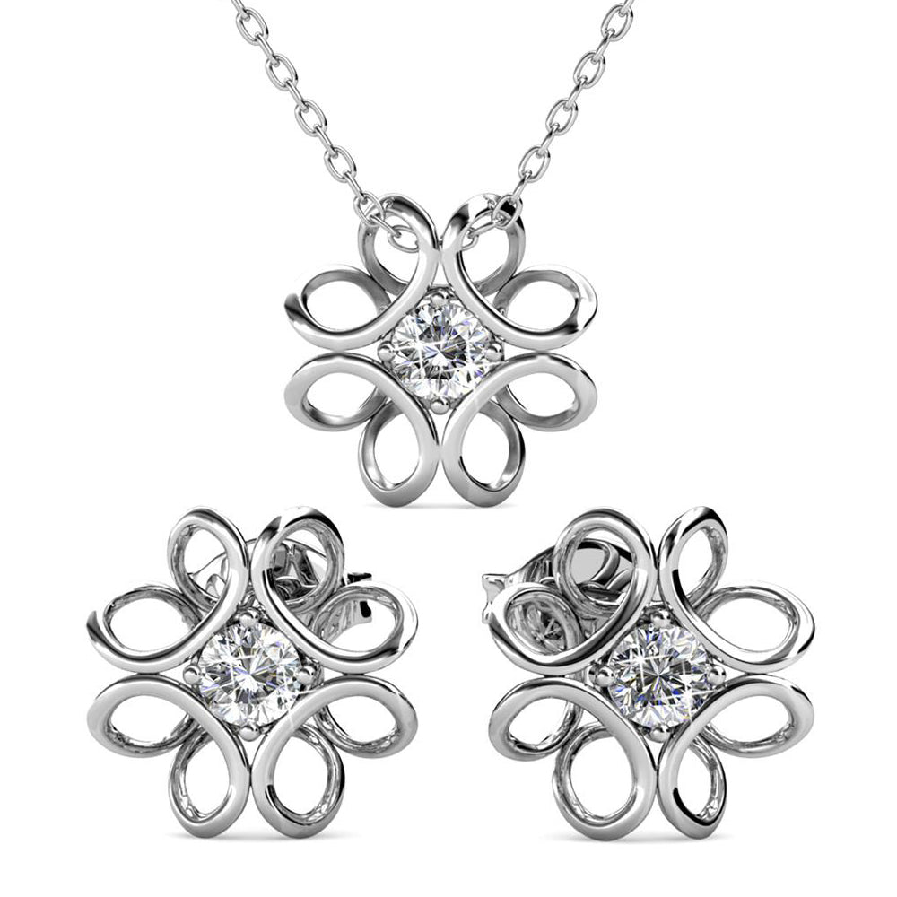 Alexis 18k White Gold Plated Flower Earring and Necklace Set with Swarovski Crystals
