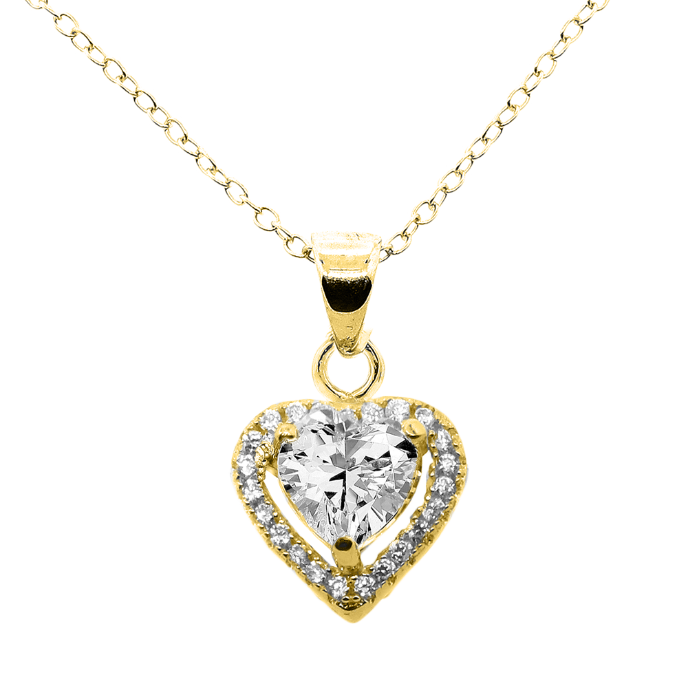 Amora "Love" 18k White Gold Plated Halo Heart Pendant Necklace with CZ Crystals