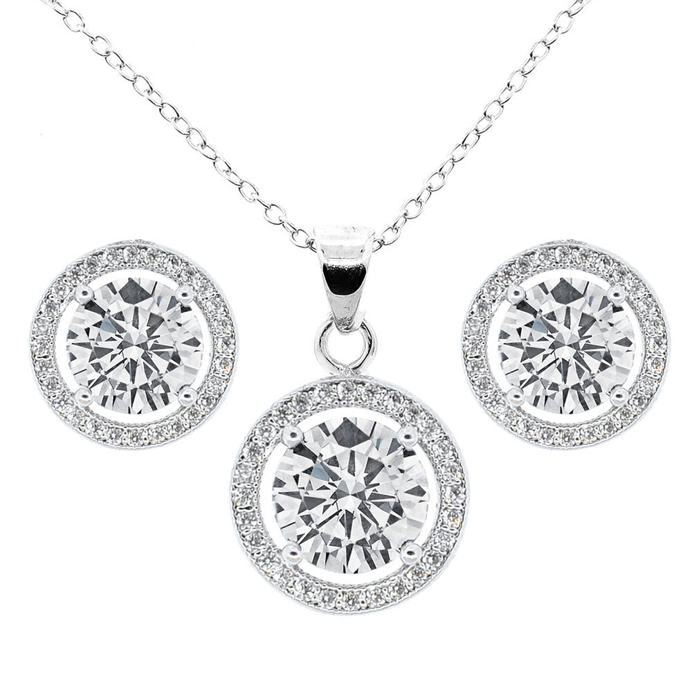 Ariel 18k White Gold Plated CZ Halo Stud Earrings and Necklace Jewelry Set