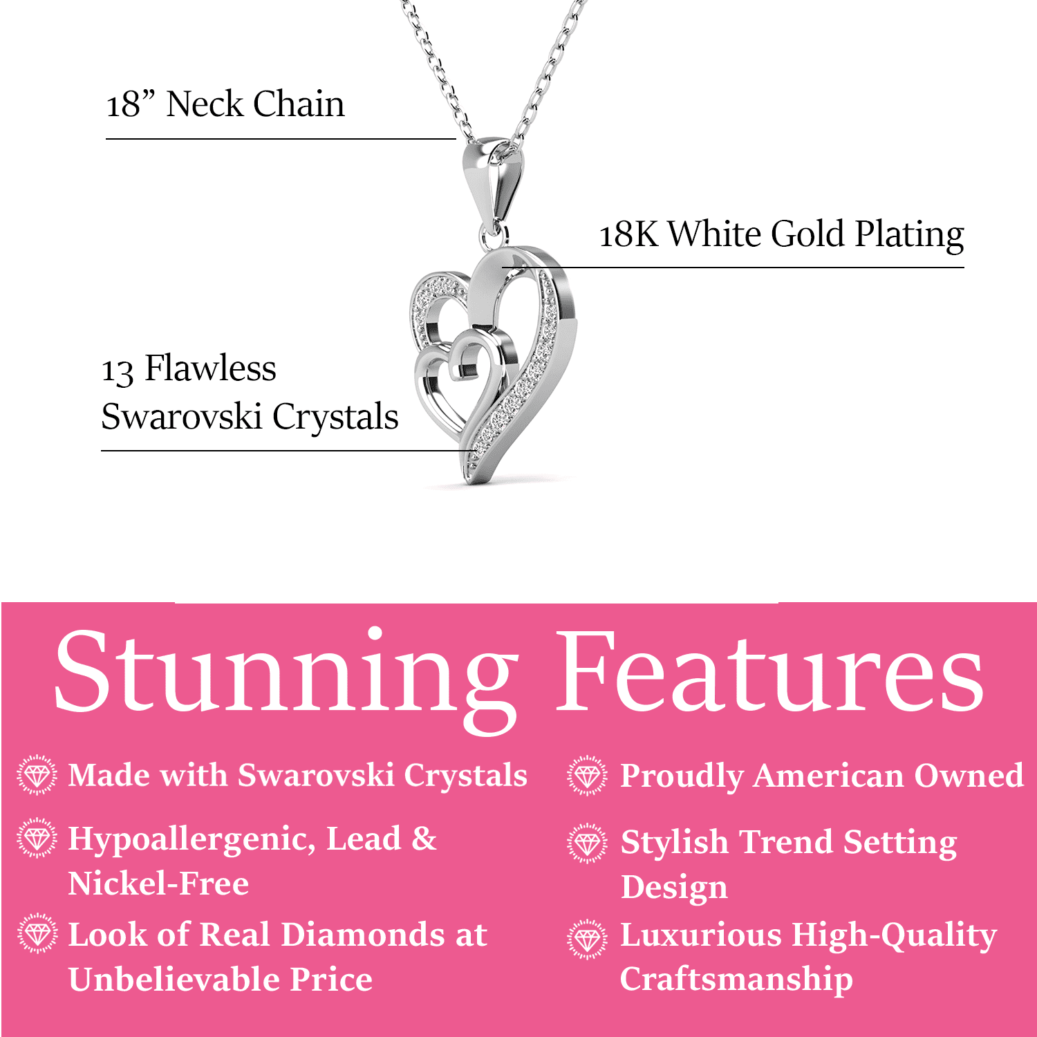Jennifer 18k White Gold Plated Heart Necklace with Swarovski Crystals & Heartfelt Message for Daughter