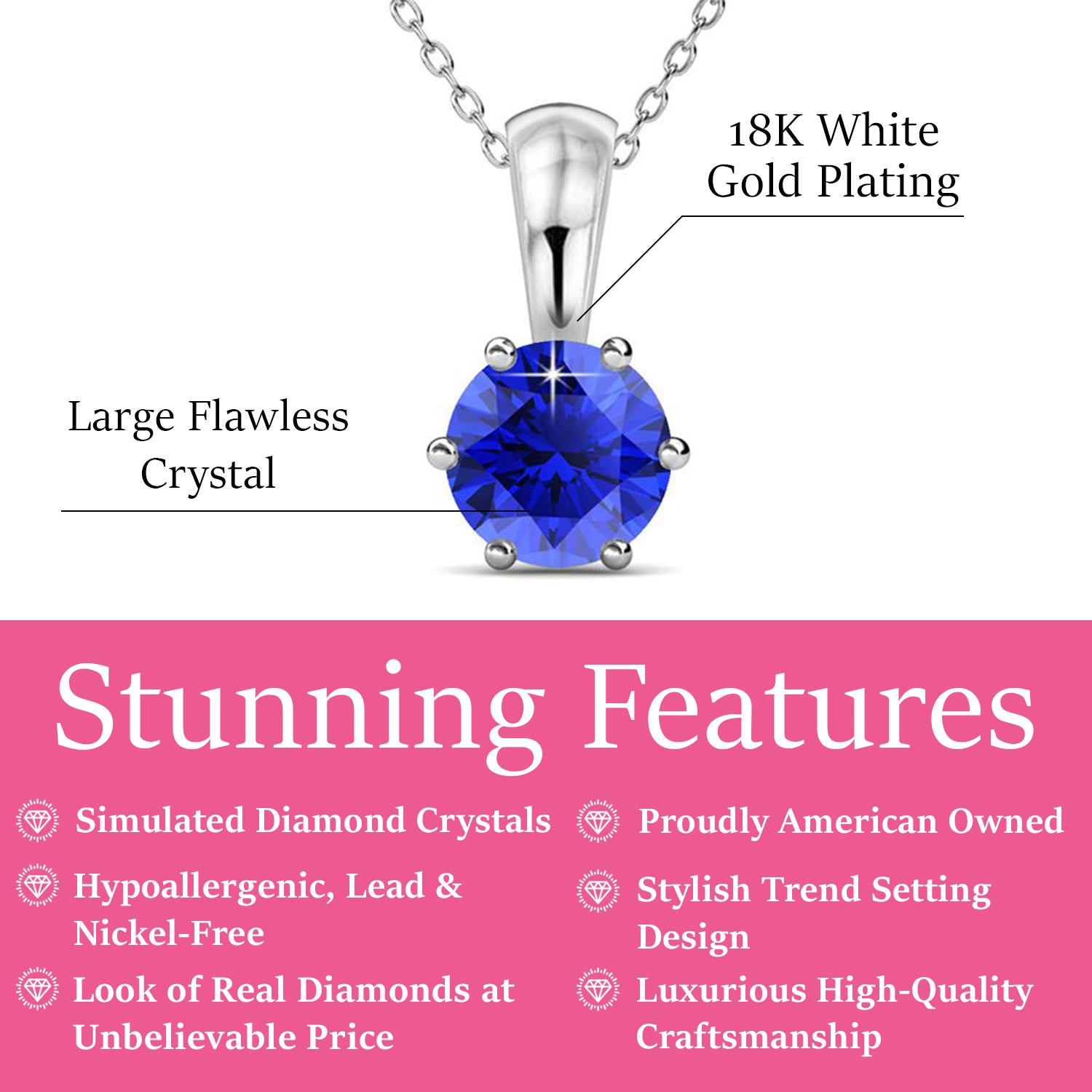September Birthstone Sapphire Necklace, 18k White Gold Plated Solitaire Necklace with 1CT Crystal