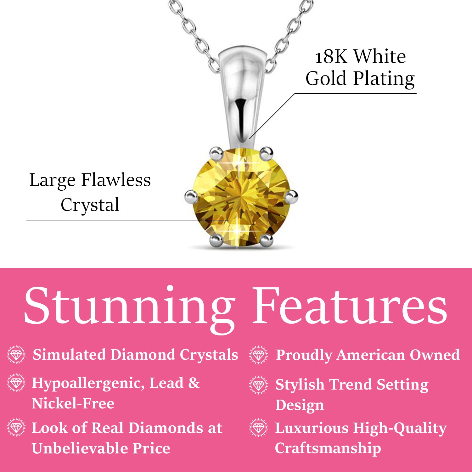 十一月诞生石黄水晶项链，18k 白金镀金单石项链，配 1 克拉水晶