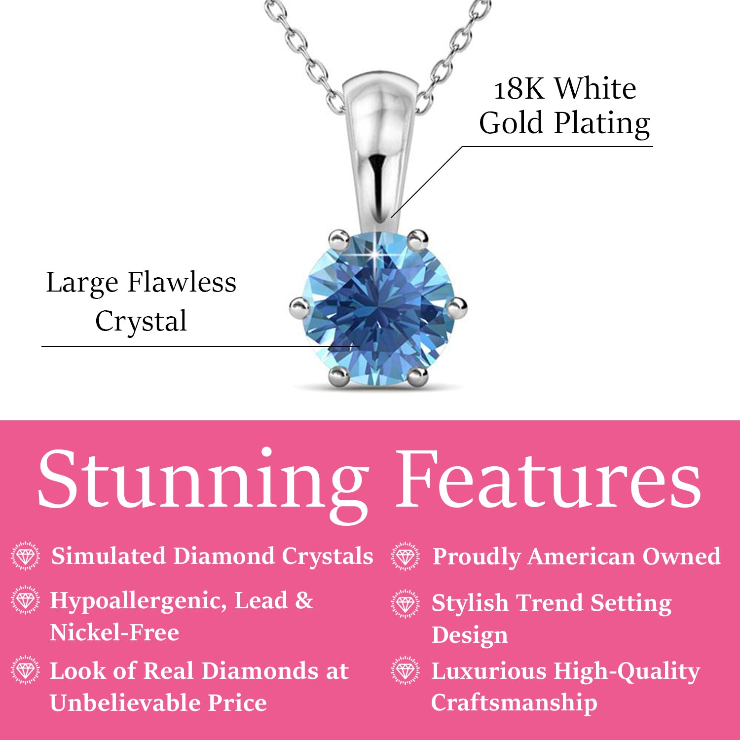 Birthstone Necklace, 18k White Gold Plated Solitaire Necklace with 1CT Crystal