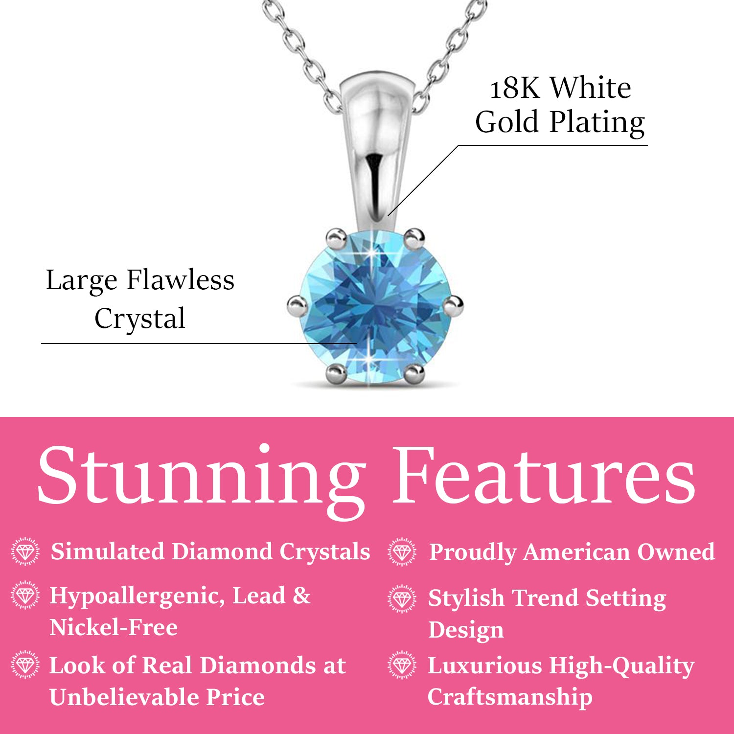三月生日石海蓝宝石项链，18k 白金镀金单石项链，配 1 克拉水晶