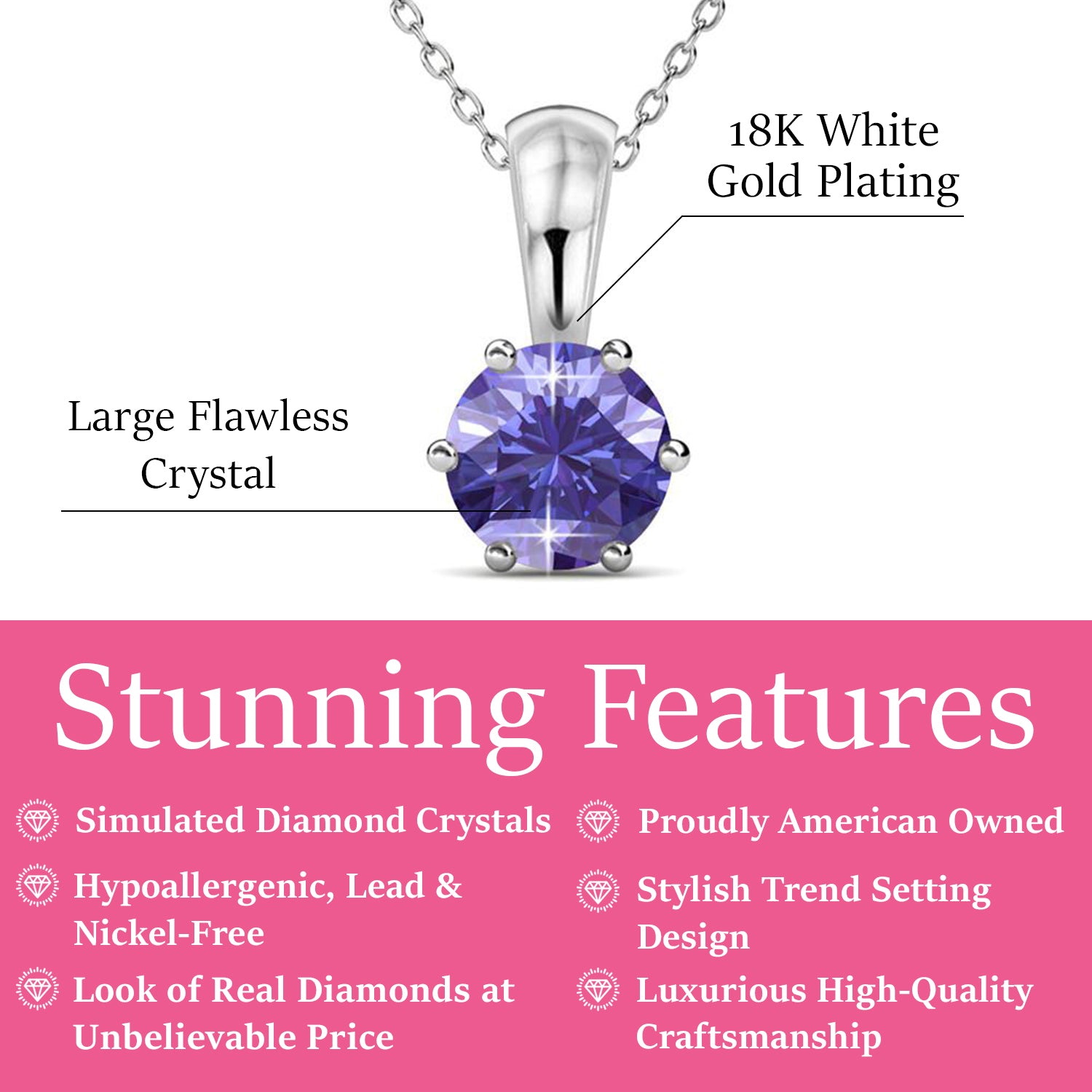 二月诞生石紫水晶项链，18k 白金镀金单石项链，配 1 克拉水晶