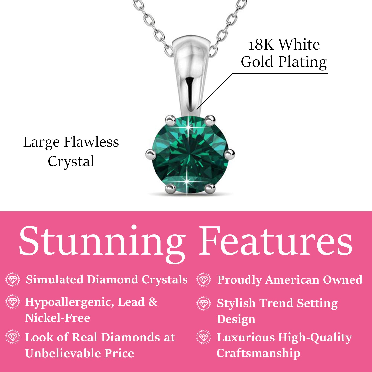 May Birthstone Emerald Necklace, 18k White Gold Plated Solitaire Necklace with 1CT Crystal