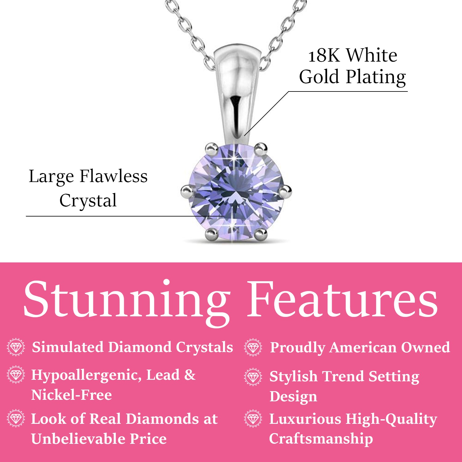 六月诞生石紫翠玉项链，18k 白金镀金单石项链，配 1 克拉水晶