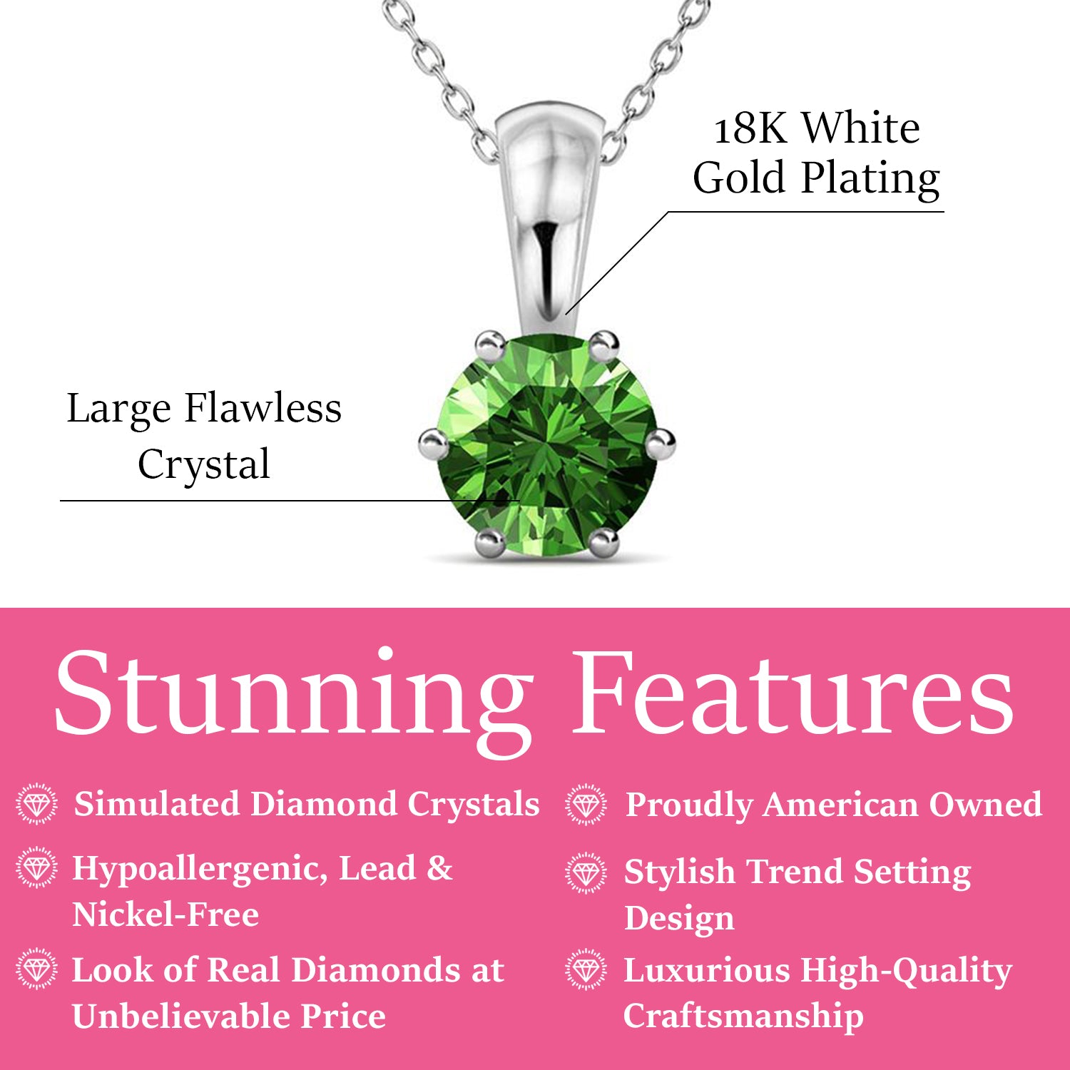 August Birthstone Peridot Necklace, 18k White Gold Plated Solitaire Necklace with 1CT Crystal