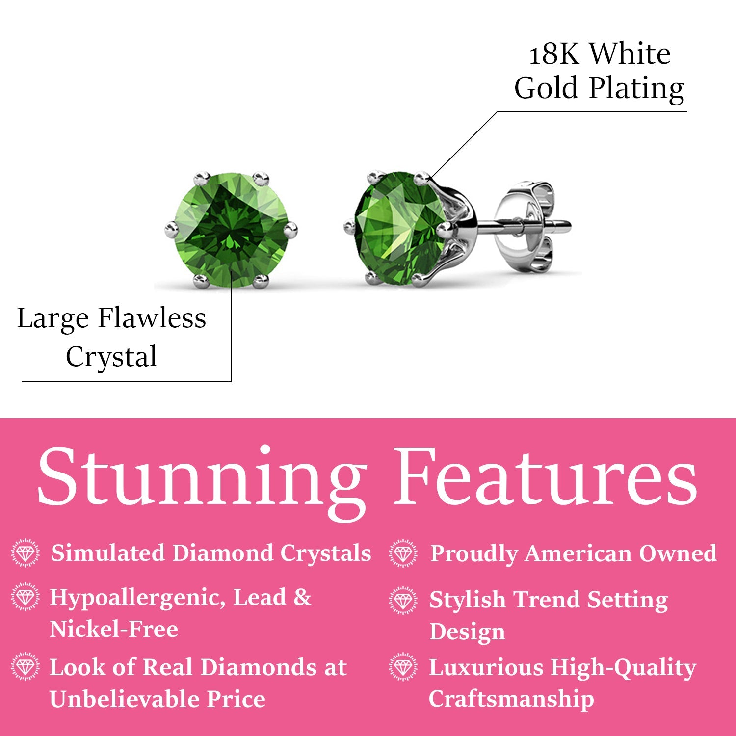 August Birthstone Peridot Earrings 18k White Gold Plated Stud Earrings with 1CT Swarovski Crystal