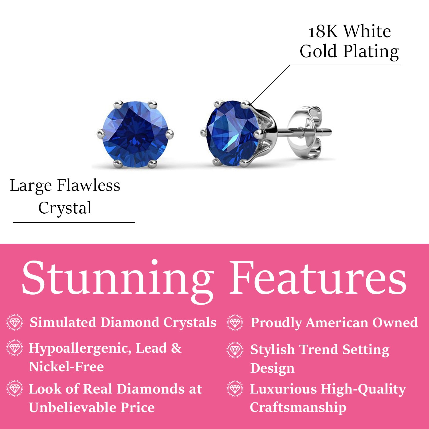 September Birthstone Sapphire Earrings, 18k White Gold Plated Stud Earrings with 1CT Crystals