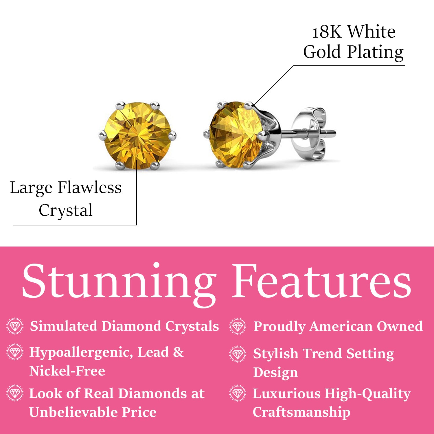 November Birthstone Citrine Earrings, 18k White Gold Plated Stud Earrings with 1CT Crystals