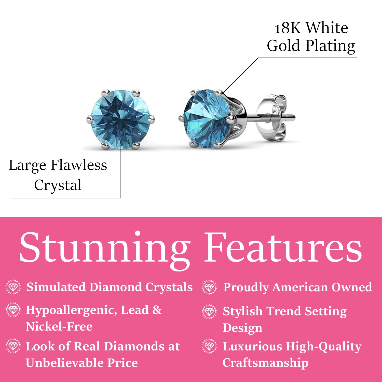 三月生日石海蓝宝石耳环，18k 白金镀金耳钉，1 克拉水晶