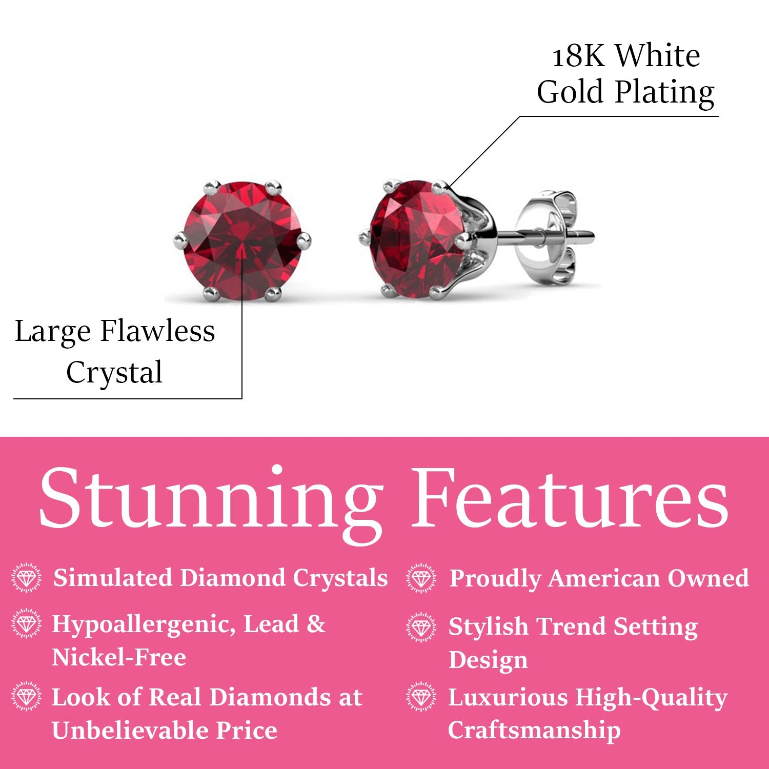 January Birthstone Garnet Earrings 18k White Gold Plated Stud Earrings with 1CT Swarovski Crystal