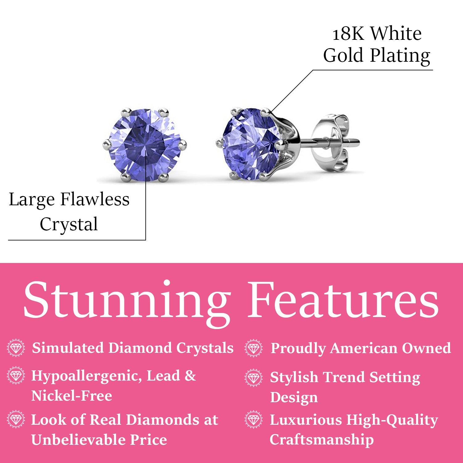 February Birthstone Amethyst Earrings 18k White Gold Plated Stud Earrings with 1CT Swarovski Crystal