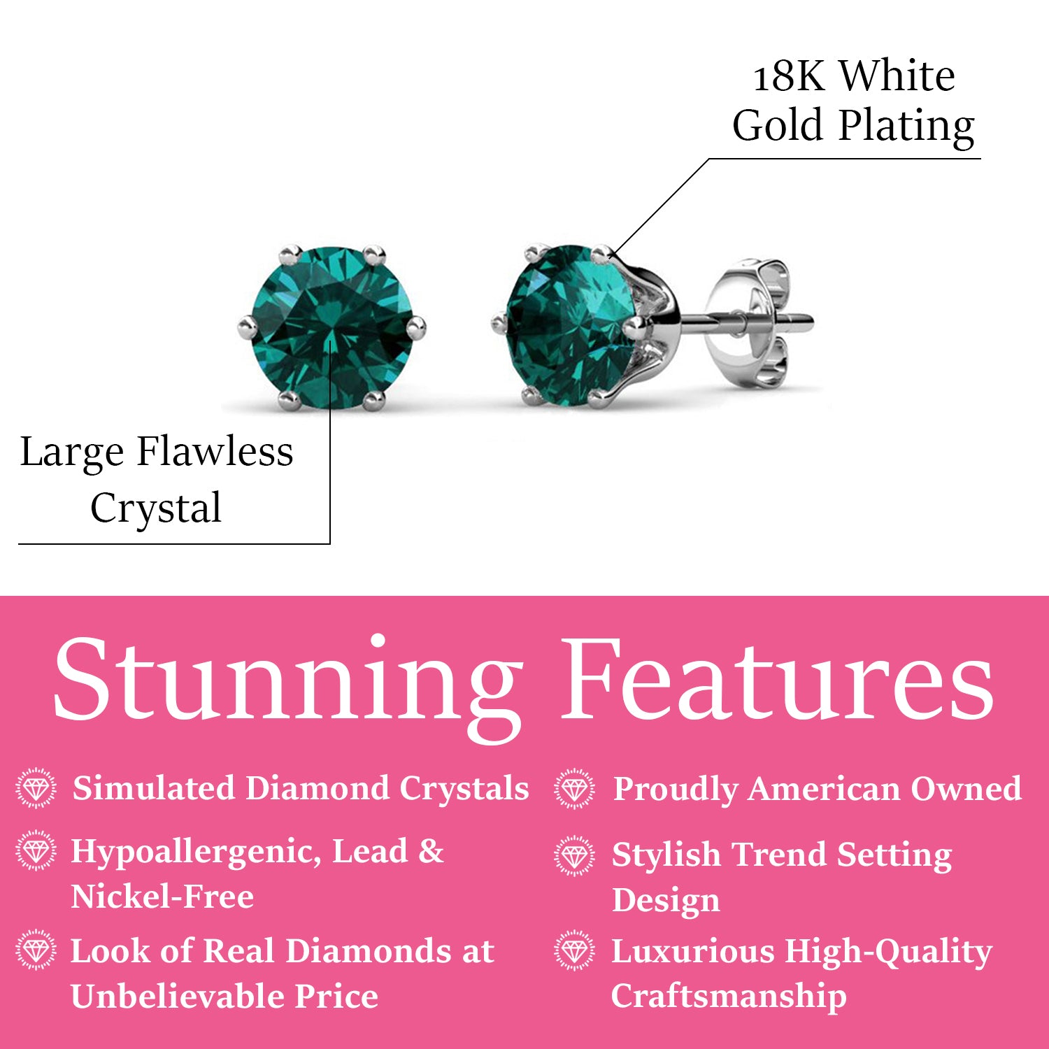 May Birthstone Emerald Earrings, 18k White Gold Plated Stud Earrings with 1CT Crystals