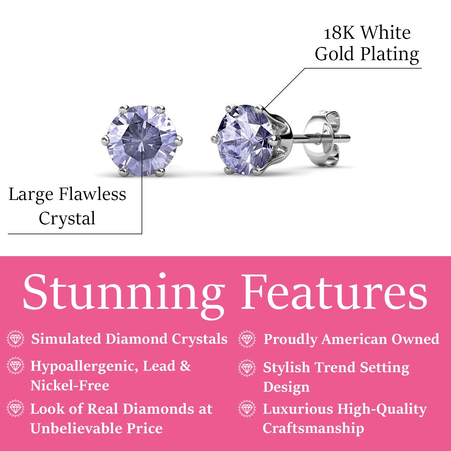 June Birthstone Alexandrite Earrings 18k White Gold Plated Stud Earrings with 1CT Swarovski Crystal