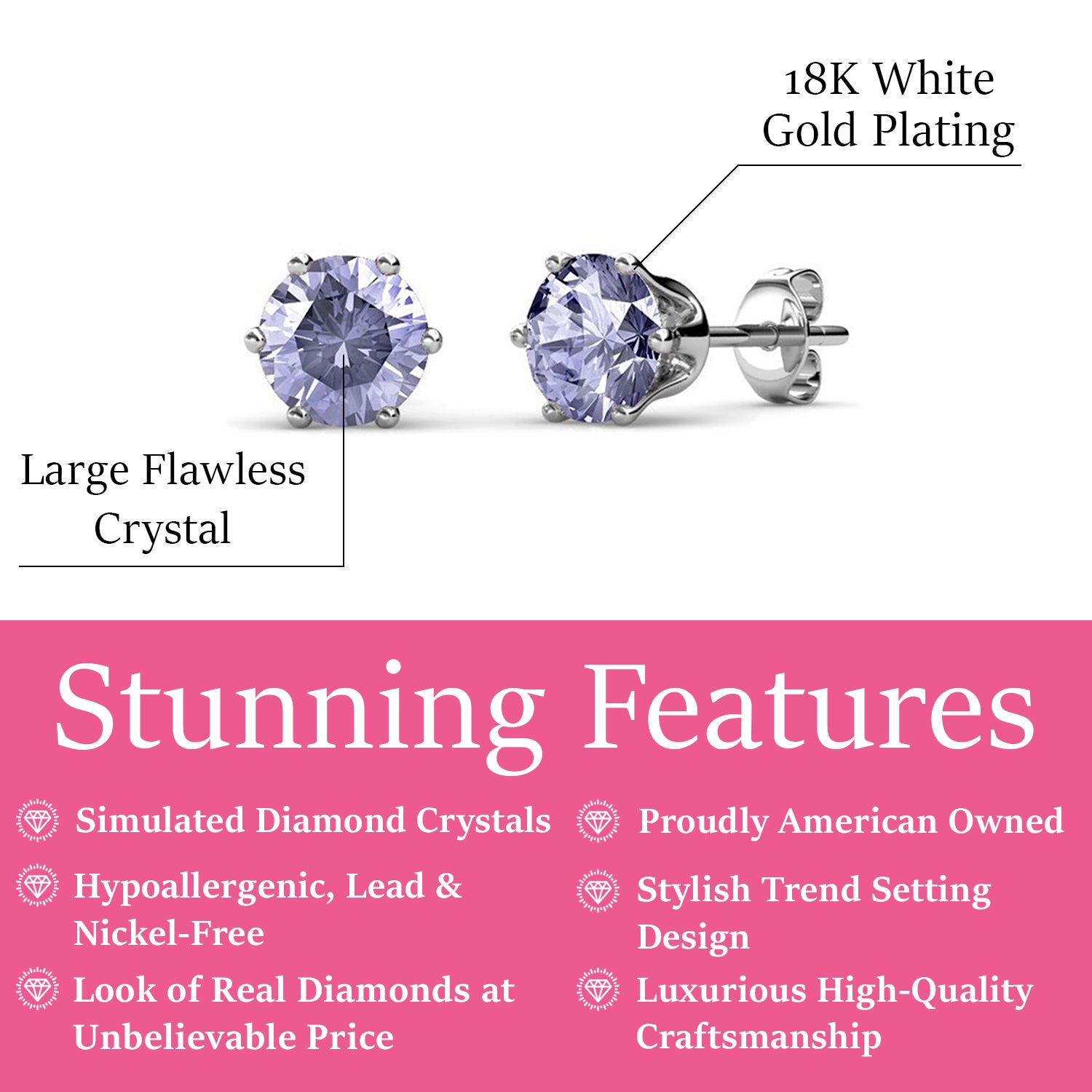 June Birthstone Alexandrite Earrings, 18k White Gold Plated Stud Earrings with 1CT Crystals