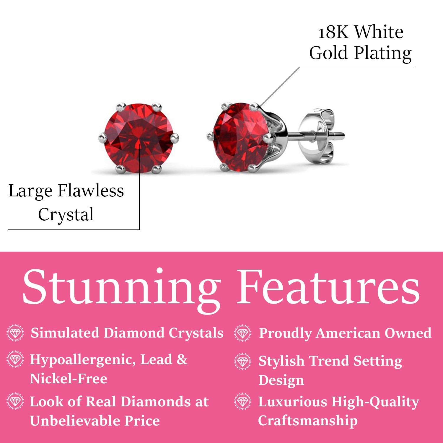 July Birthstone Ruby Earrings, 18k White Gold Plated Stud Earrings with 1CT Crystals