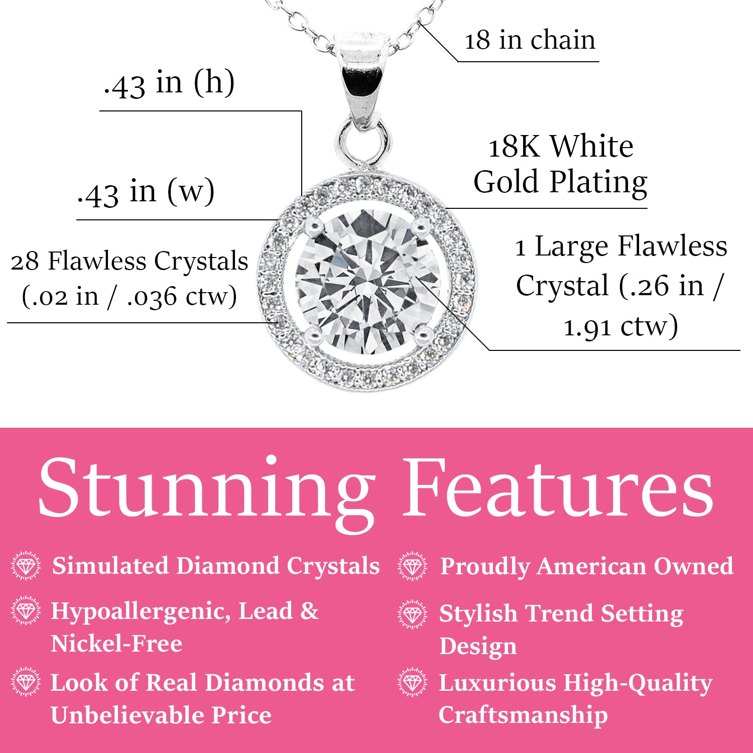 Blake 18k White Gold Plated Halo Pendant Necklace with CZ Crystals