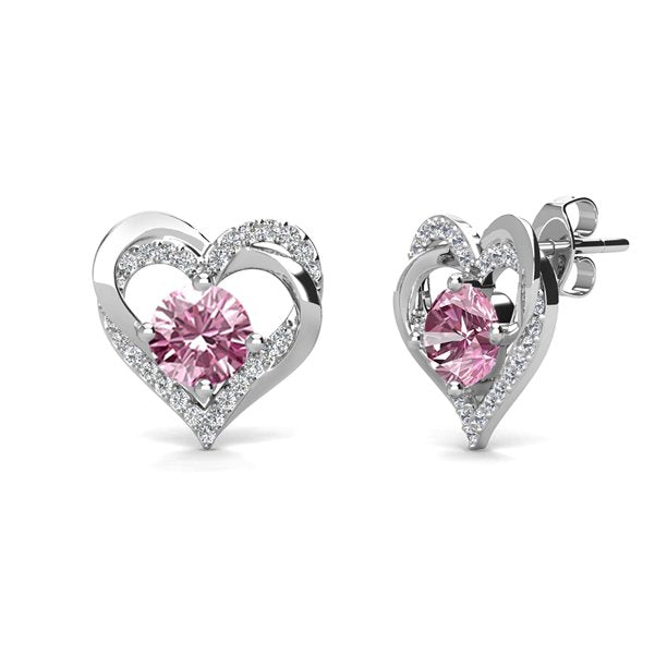 Forever Birthstone 18k White Gold Plated Silver Double Heart Earrings with Swarovski Crystals