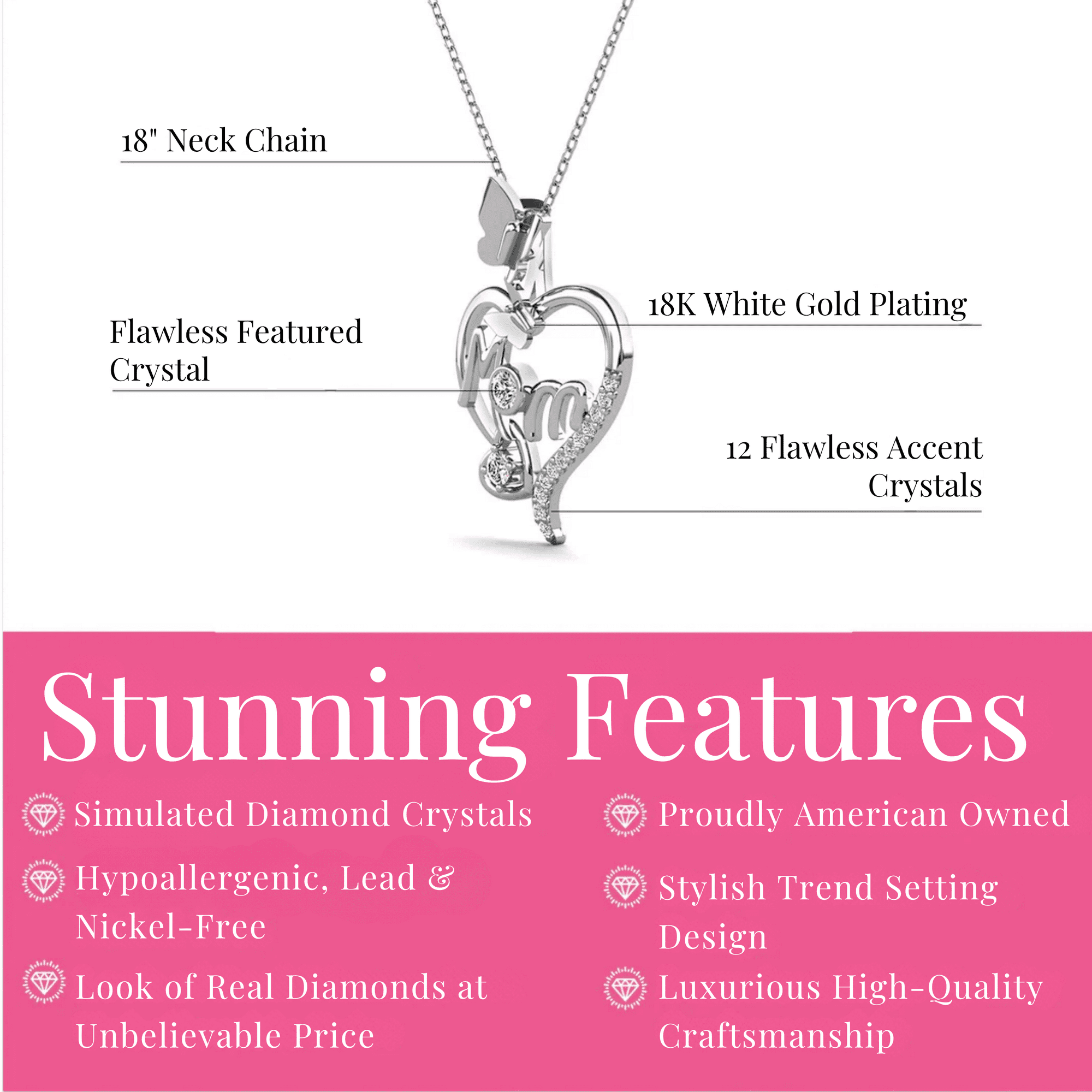 Mabel 18k White Gold Plated Necklace with Swarovski Crystals & Heartfelt Message for Mom