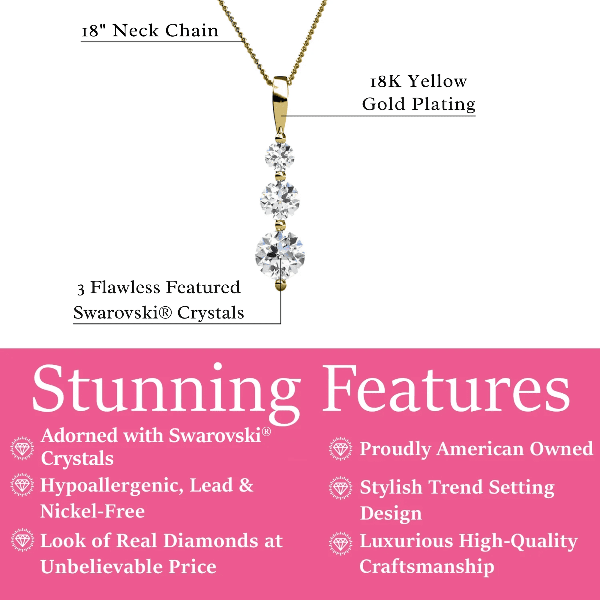 Willow 18K White Gold Plated 3 Stone Drop Pendant Necklace with Swarovski Crystals