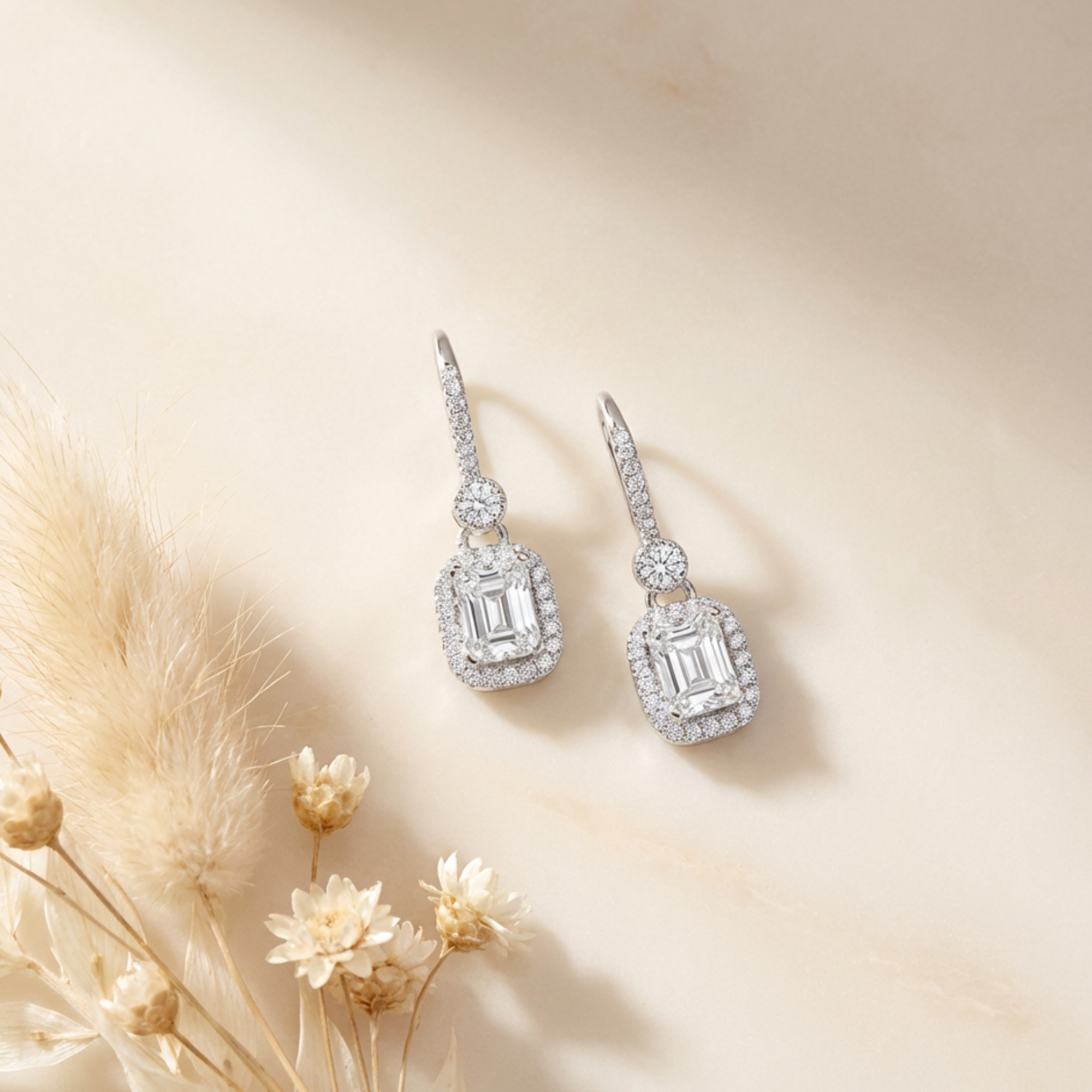 Athena 18k White Gold Plated Halo Dangle Earrings with Simulated Diamond Crystals — Fab Fav