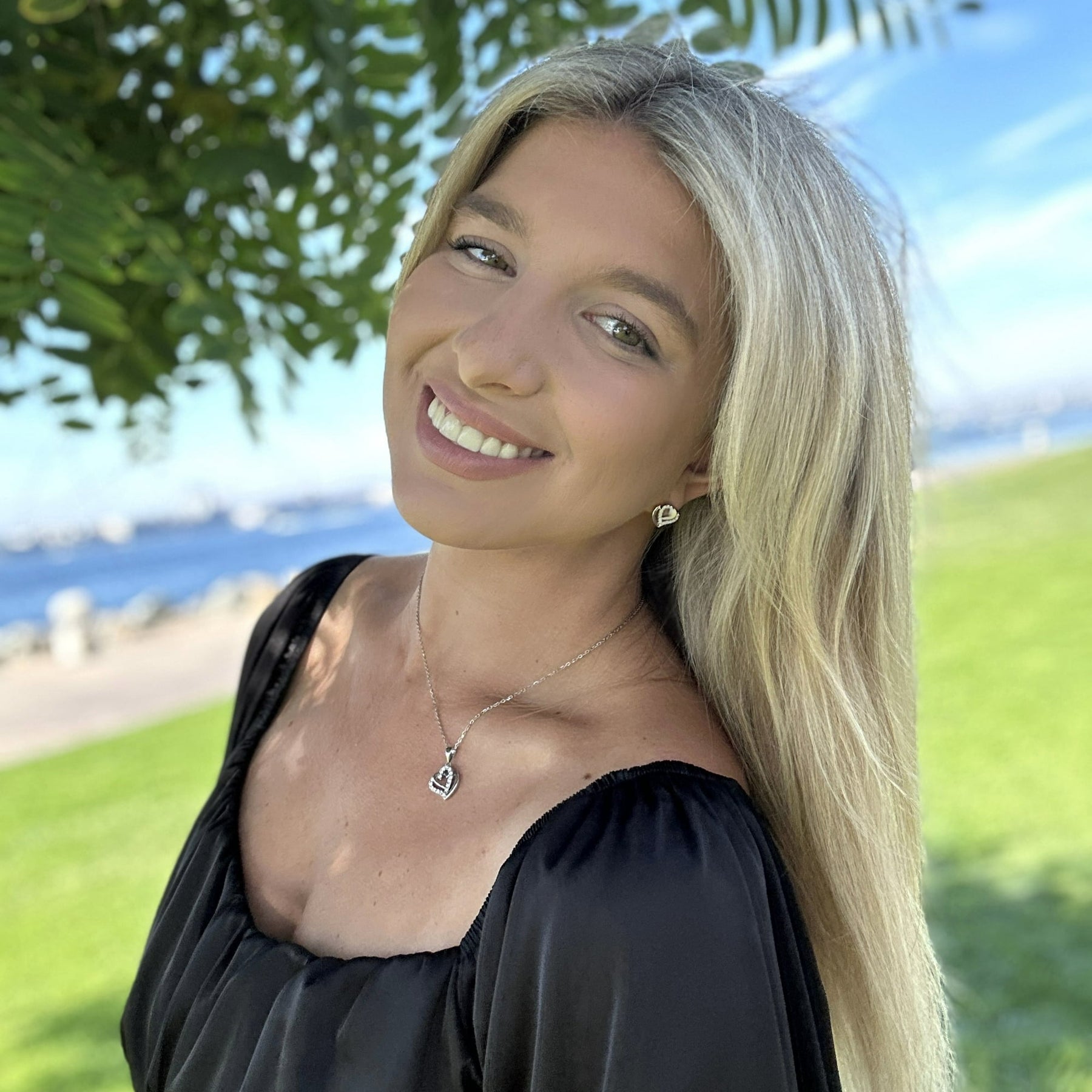 Angela 18k White Gold Plated Silver Double Heart Necklace with Swarovski Crystals