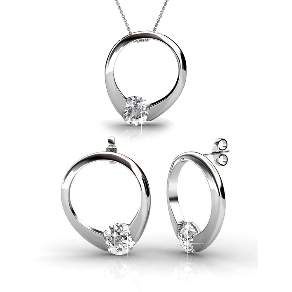 Dahlia “Blossom” 18k White Gold Plated Simulated Diamond Crystal Necklace and Earrings Jewelry Set
